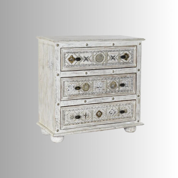 Sena Wooden Brass Rustic Chest of Drawer (White Distress) | Bedroom Storage Furniture Online in India | Wooden Storage Furniture Online in India | Solid Wood Furniture | JAE Furniture