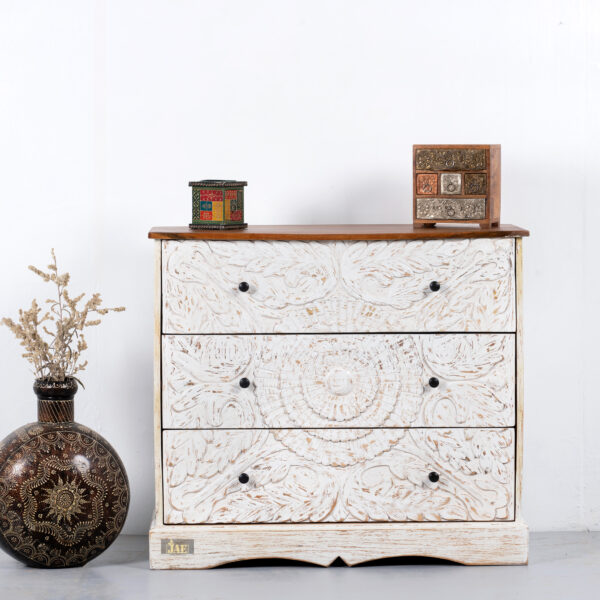 Khema Wooden Carved Chest of Drawer (Off White Distress) | Buy Wooden Carved Chest of Drawer Online | Buy Chest of Drawer for Living Room | JAE Furniture