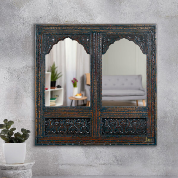 Prana Wooden Two Arch Carved Mirror Frame Jharokha (Rustic Finish) | Buy Wooden Carved Mirror Frames Online | Buy Two Arch Carved Mirror Online | Buy Wooden Mirror Frames Online | JAE Furniture