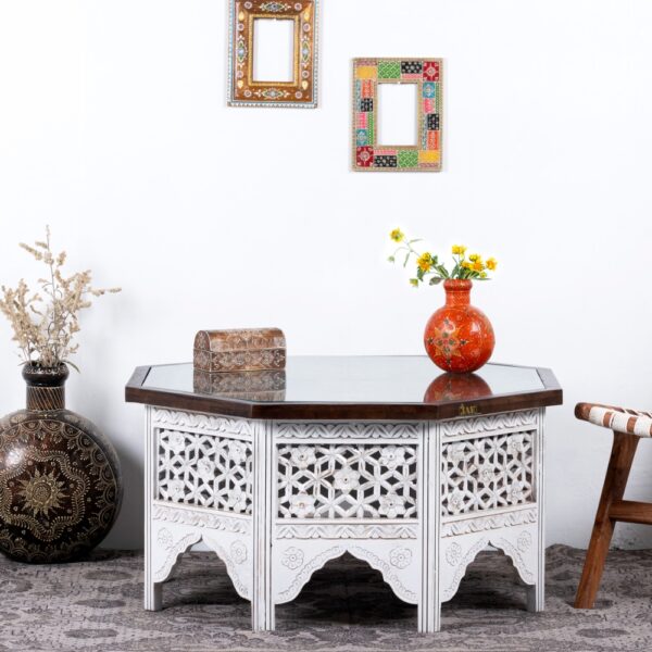 Loom Solid Wood Coffee Table (White Distress) | Buy Wooden Carved Coffee Table Online | Buy Coffee Table For Living Room | Buy Carved Coffee Table | JAE Furniture