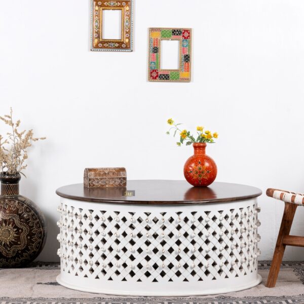 Wooden Round Coffee Table with Jali Work (White Distress) | Buy Wooden Coffee Table Online | Buy Round Coffee Table Online | Buy Coffee Table For Living Room | JAE Furniture