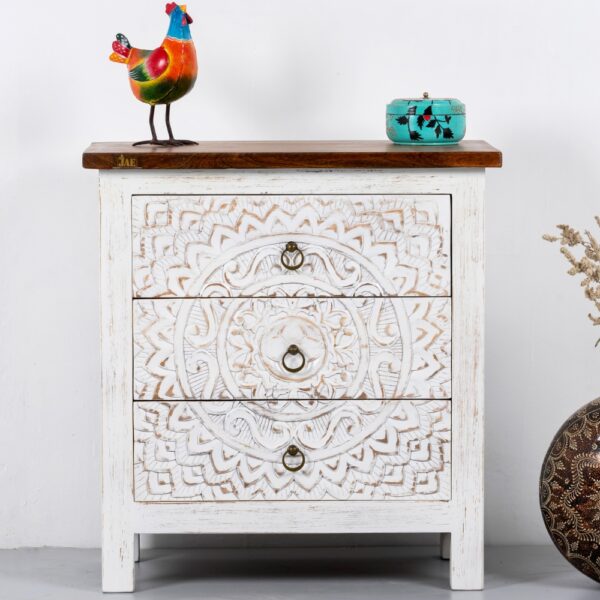 Shev Wooden Carved Chest of Drawer (off White Distress) | Buy Wooden Chest Of Drawer | Buy Chesi of Drawer For Living Room | Buy Chest Of Drawer Online | JAE Furniture
